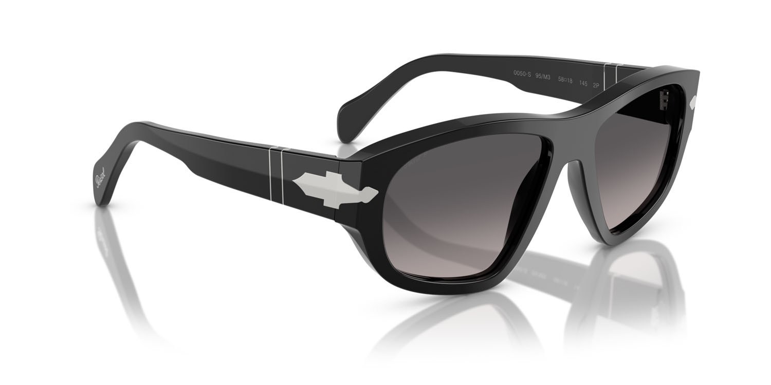 Sunglasses Persol PO 0050S (95/M3) color nero shape irregular lenses grigio chiaro sfumato grigio scuro