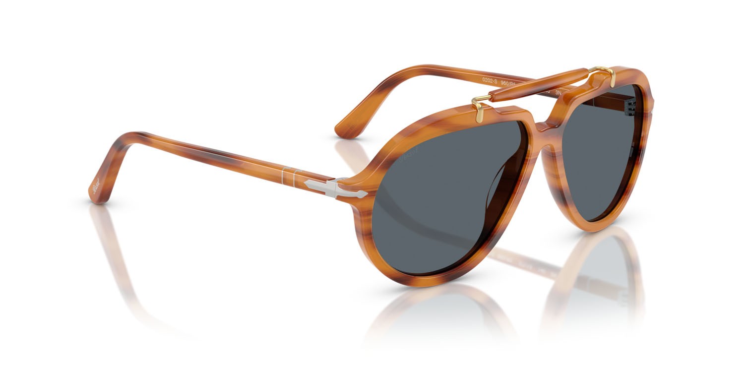 Sunglasses Persol Senna Series PO 0202S (960/R5) color striato marrone shape square lenses blu
