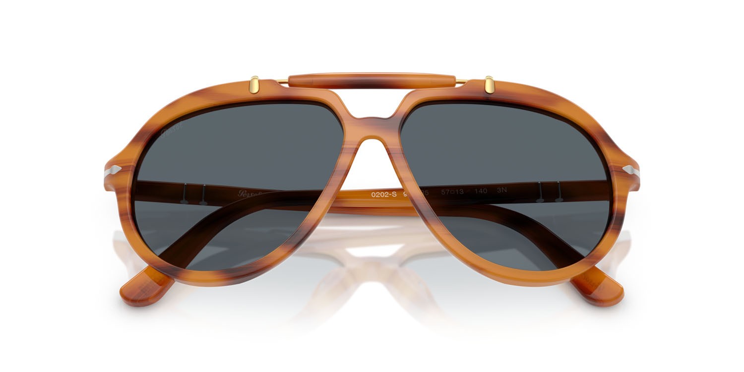 Sunglasses Persol Senna Series PO 0202S (960/R5) color striato marrone shape square lenses blu