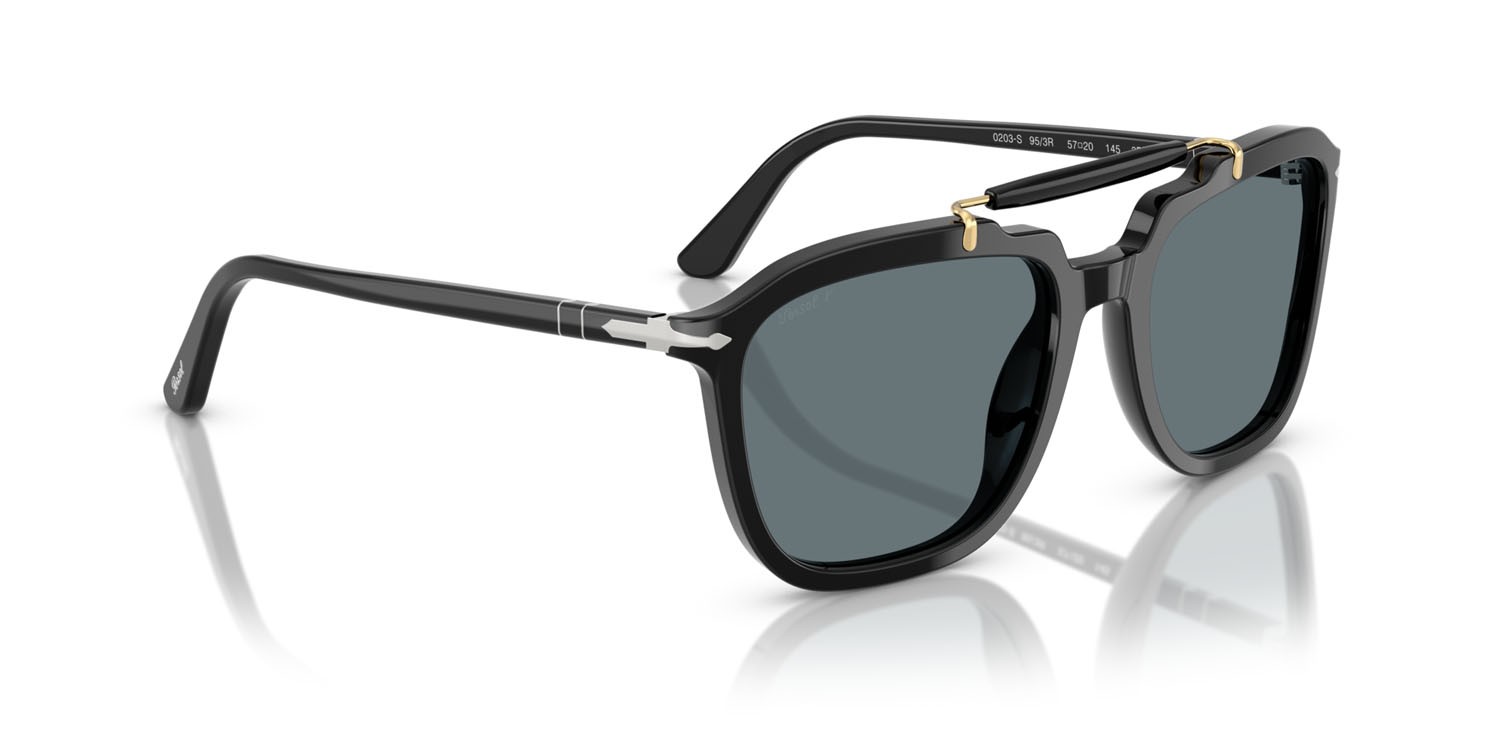 Occhiali da sole Persol Senna Series PO 0203S (95/3R) colore nero forma quadrato lenti polarizzata blu scuro