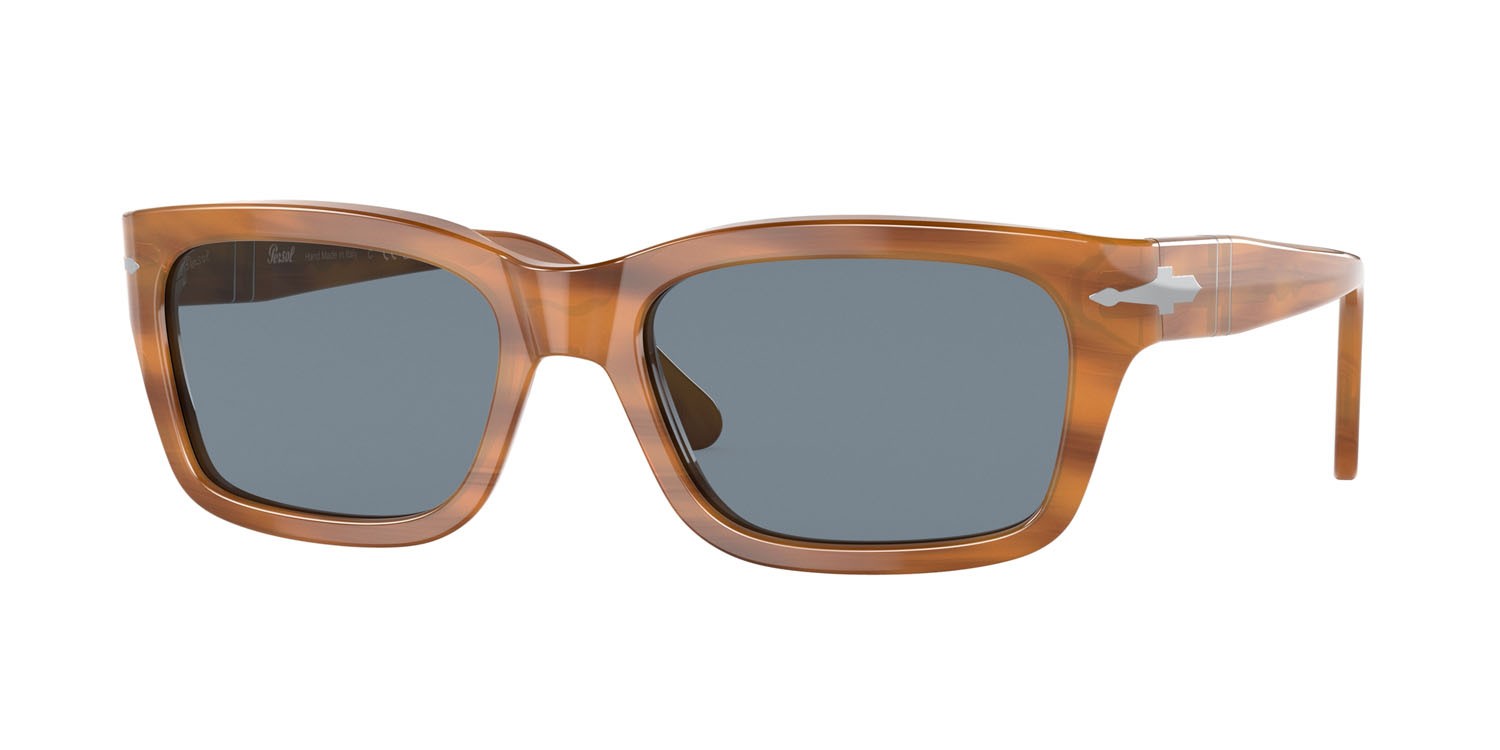 Occhiali da sole Persol PO 3301S (960/56) colore striato marrone forma rettangolare lenti blu