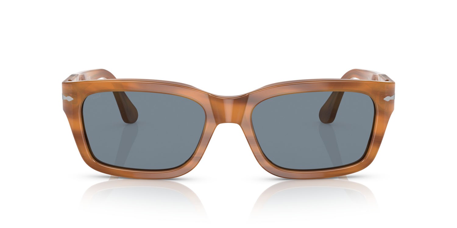 Occhiali da sole Persol PO 3301S (960/56) colore striato marrone forma rettangolare lenti blu