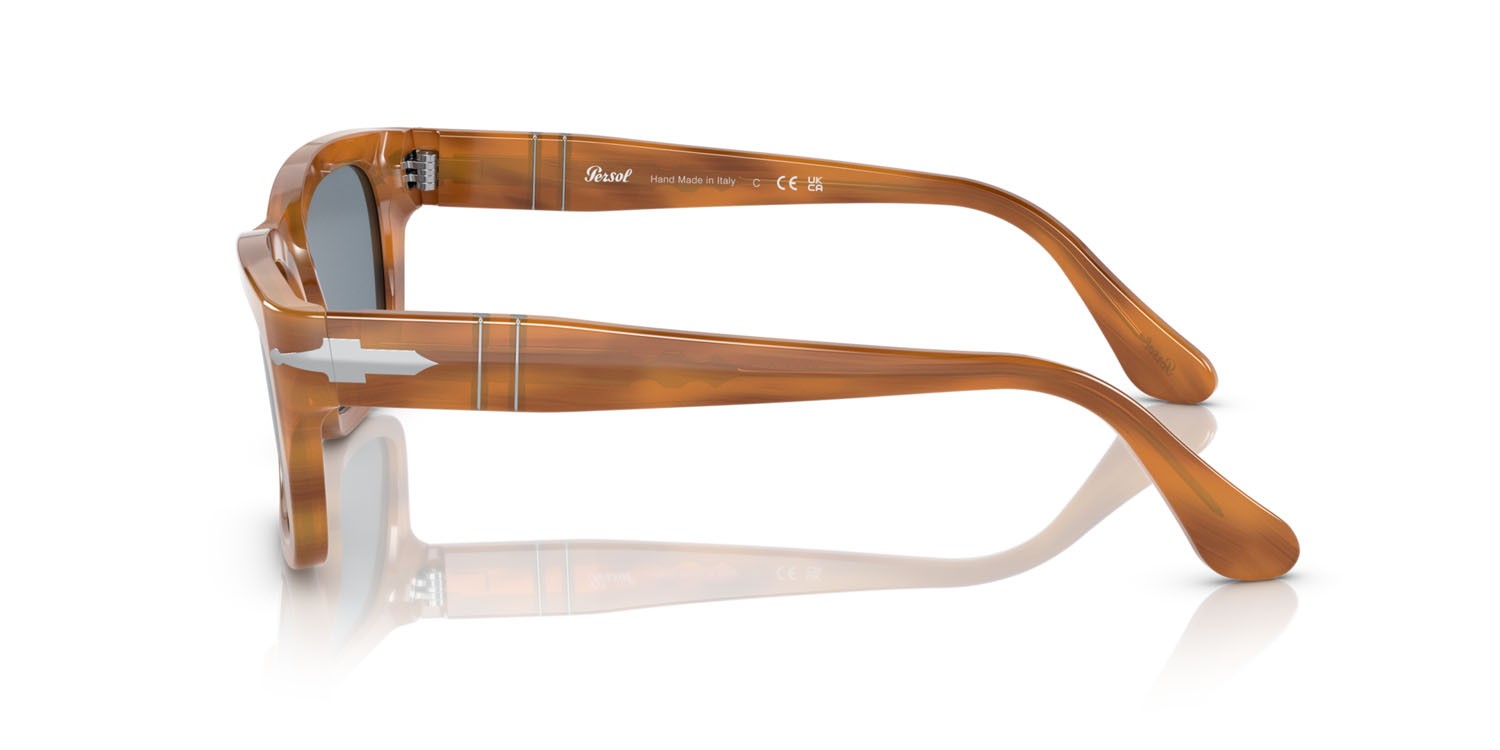Occhiali da sole Persol PO 3301S (960/56) colore striato marrone forma rettangolare lenti blu