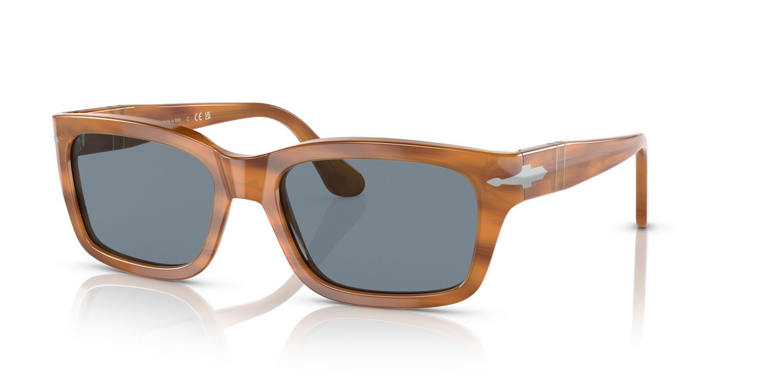 Occhiali da sole Persol PO 3301S (960/56) colore striato marrone forma rettangolare lenti blu