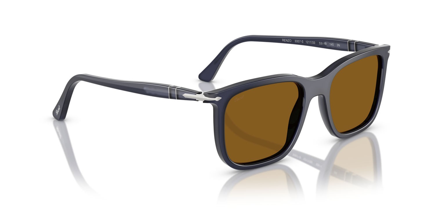 Occhiali da sole Persol Renzo PO 3357S (121733) colore blu notte perlaceo forma rettangolare lenti marrone