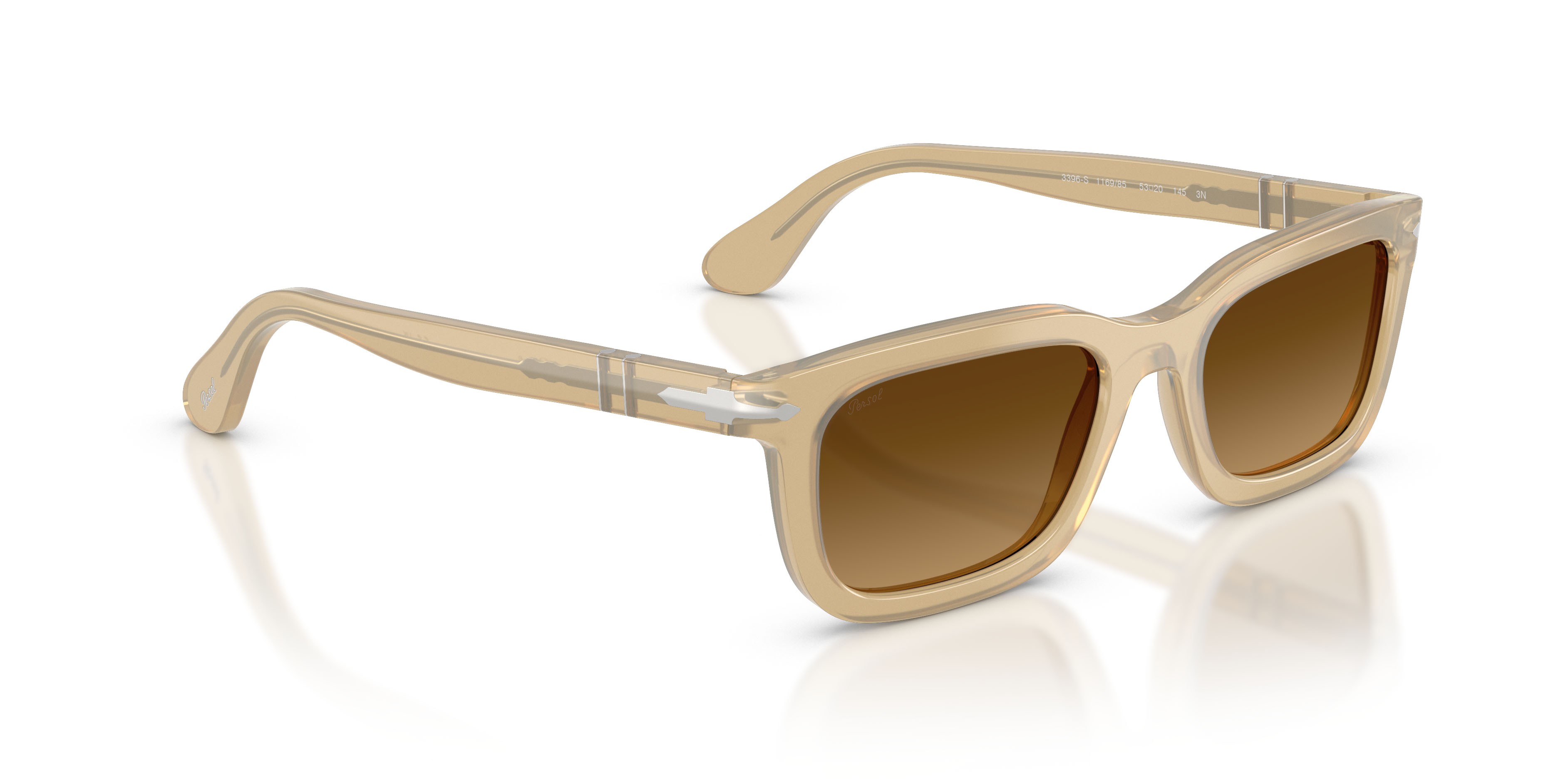 Occhiali da sole Persol PO 3396S (116985) colore beige opalino forma rettangolare lenti marrone chiaro sfumato marrone scuro