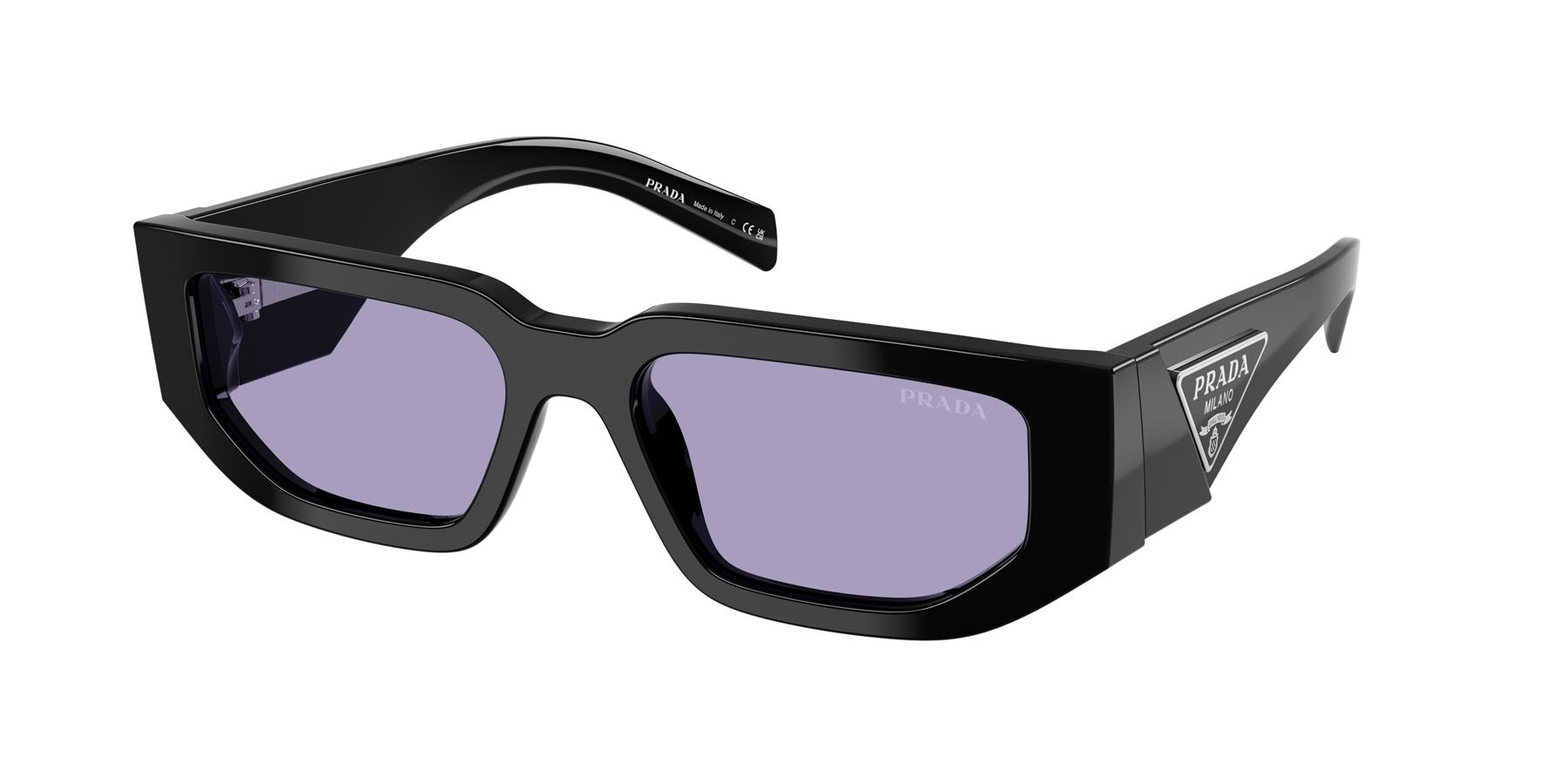 Sunglasses Prada PR 09ZS (16K01O) color nero shape rectangle lenses viola