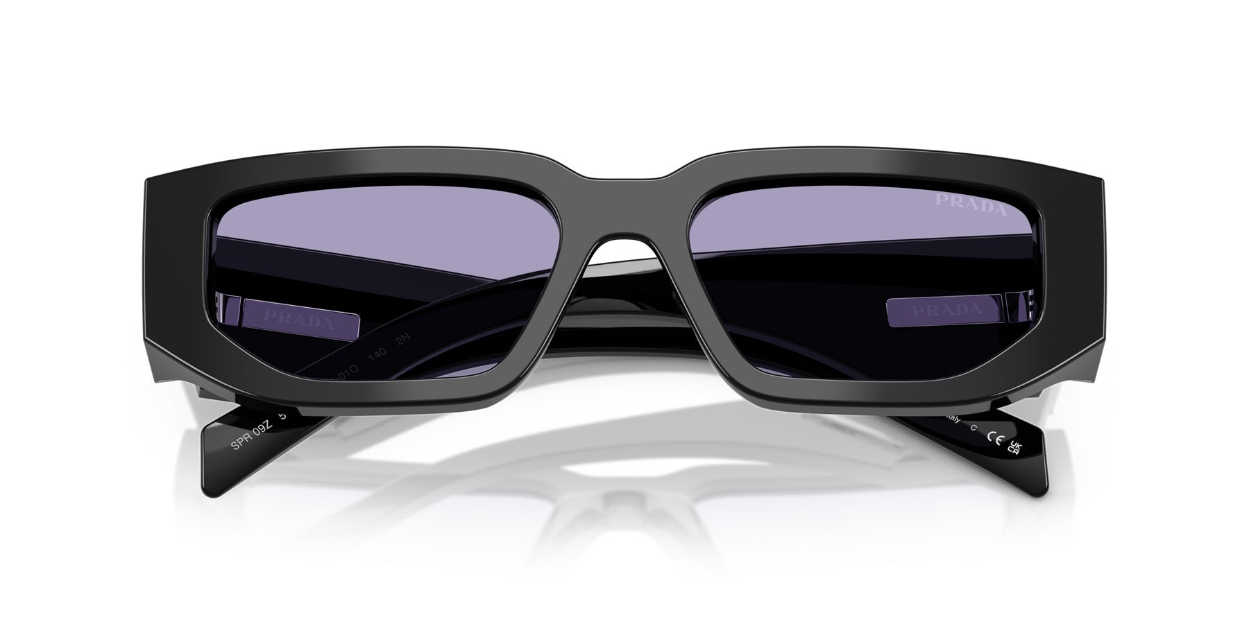 Sunglasses Prada PR 09ZS (16K01O) color nero shape rectangle lenses viola