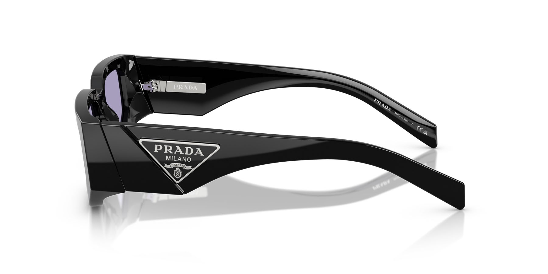 Sunglasses Prada PR 09ZS (16K01O) color nero shape rectangle lenses viola