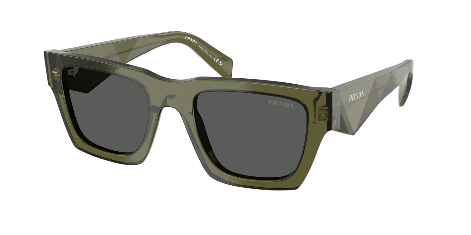 Occhiali da sole Prada PR A06S (25A40L) colore verde militare trasparente forma quadrato lenti grigio scuro