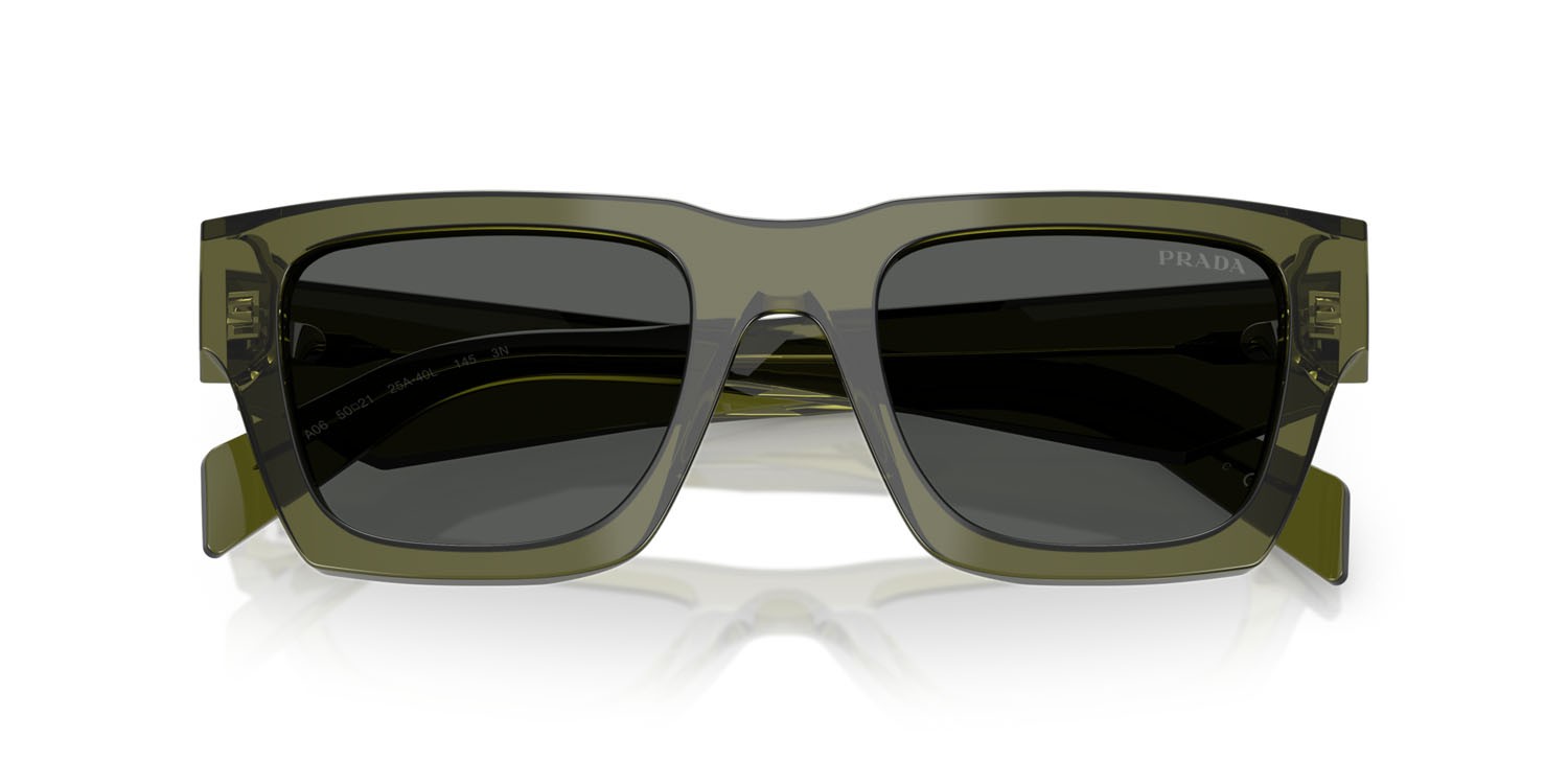 Occhiali da sole Prada PR A06S (25A40L) colore verde militare trasparente forma quadrato lenti grigio scuro