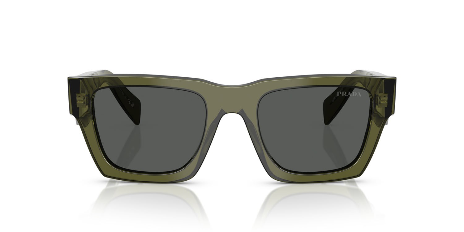Occhiali da sole Prada PR A06S (25A40L) colore verde militare trasparente forma quadrato lenti grigio scuro