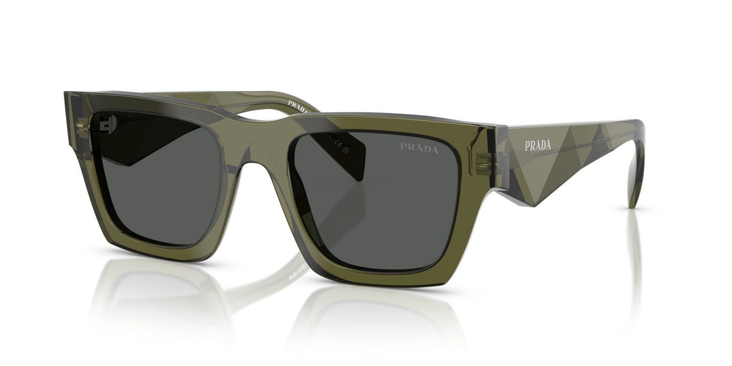 Occhiali da sole Prada PR A06S (25A40L) colore verde militare trasparente forma quadrato lenti grigio scuro