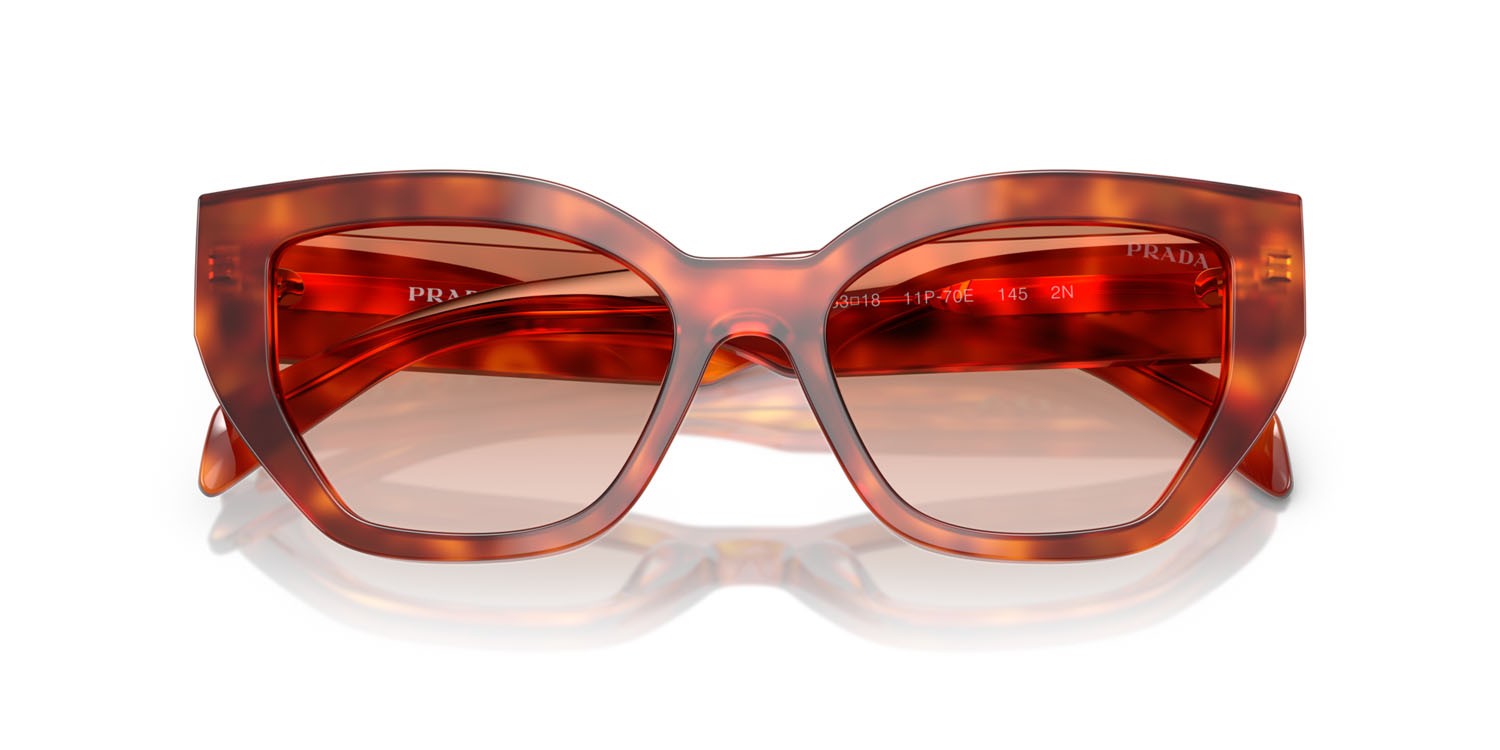 Sunglasses Prada PR A09S (11P70E) color cognac tartarugato shape butterfly lenses marrone sfumato