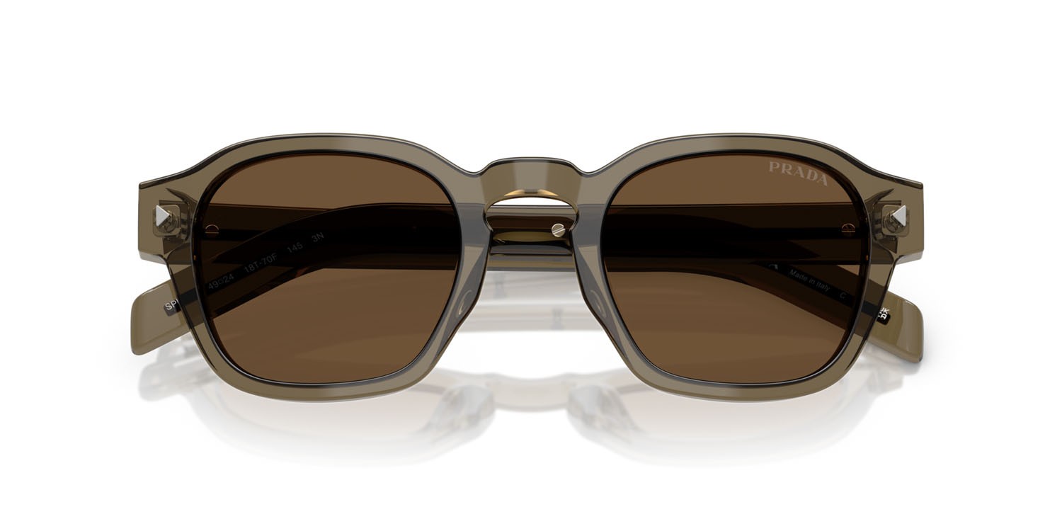 Occhiali da sole Prada PR A16S (18T70F) colore terra trasparente forma pantos lenti marrone scuro