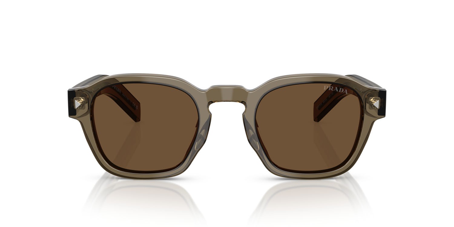 Occhiali da sole Prada PR A16S (18T70F) colore terra trasparente forma pantos lenti marrone scuro