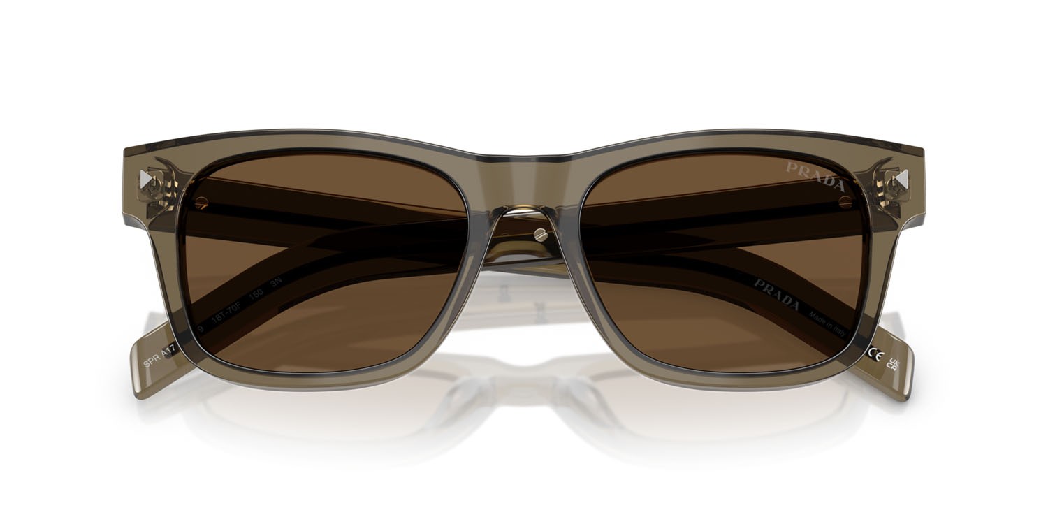 Occhiali da sole Prada PR A17S (18T70F) colore terra trasparente forma rettangolare lenti marrone scuro