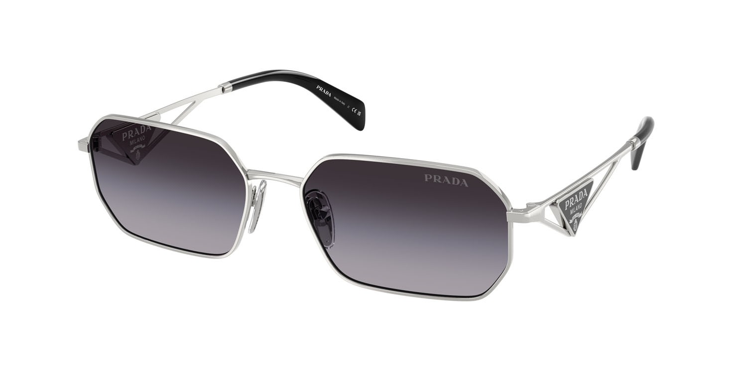 Sunglasses Prada PR A51S (1BC90A) color argento shape irregular lenses sfumato grigio