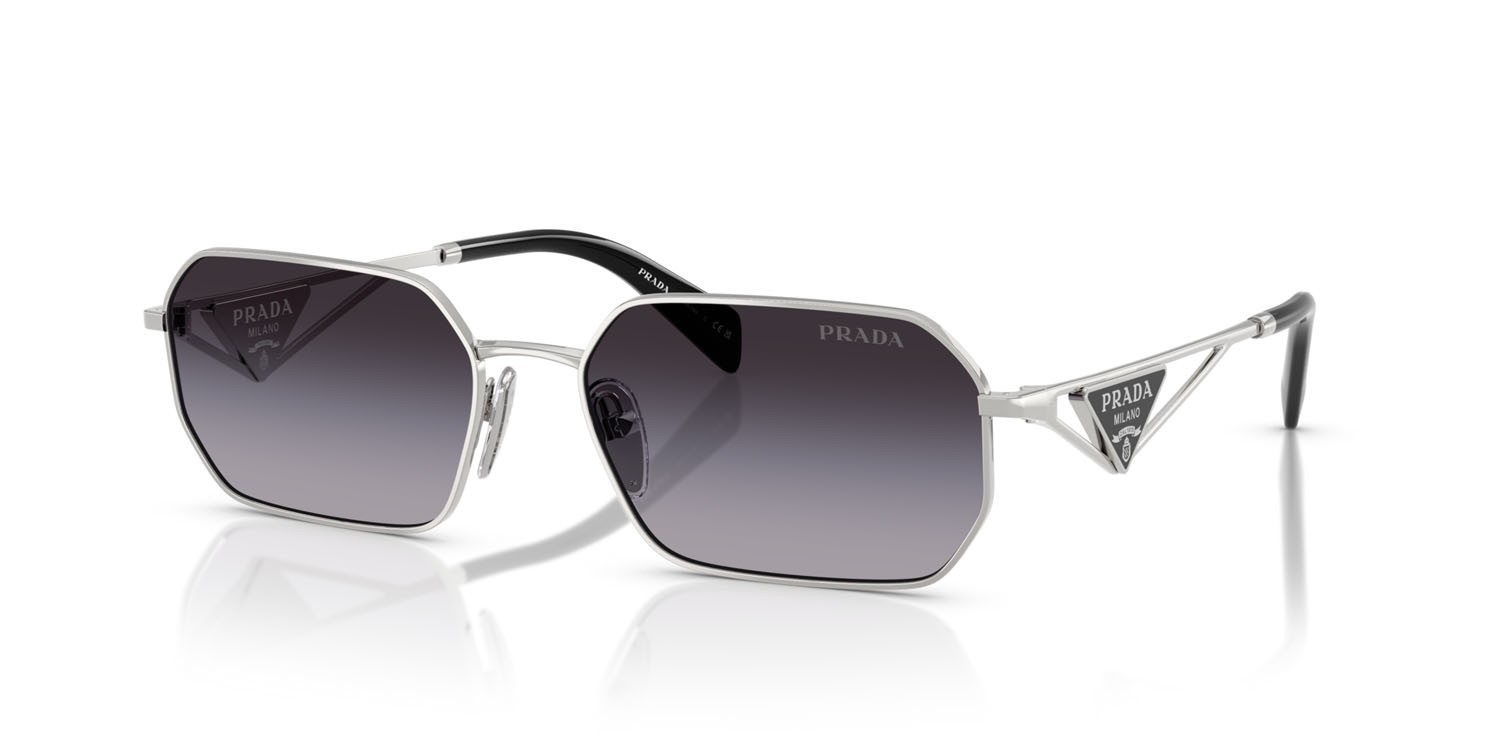 Sunglasses Prada PR A51S (1BC90A) color argento shape irregular lenses sfumato grigio
