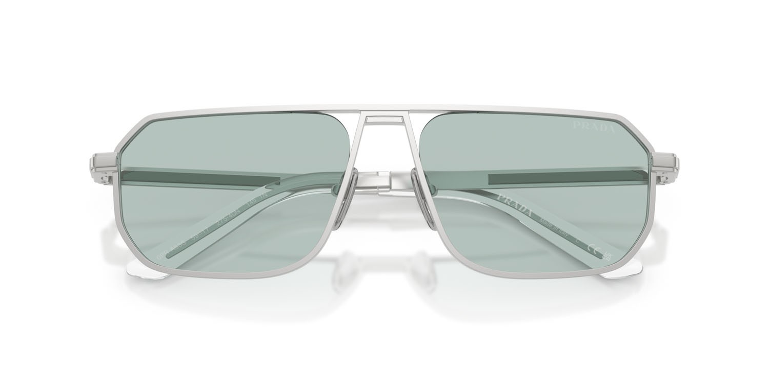 Occhiali da sole Prada PR A53S (27540N) colore argento opaco forma quadrato lenti azzurro