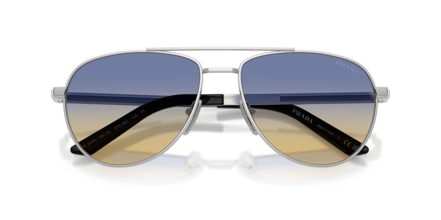Occhiali da sole Prada PR A54S (27506Z) colore argento opaco forma aviator lenti yellow/dark blue