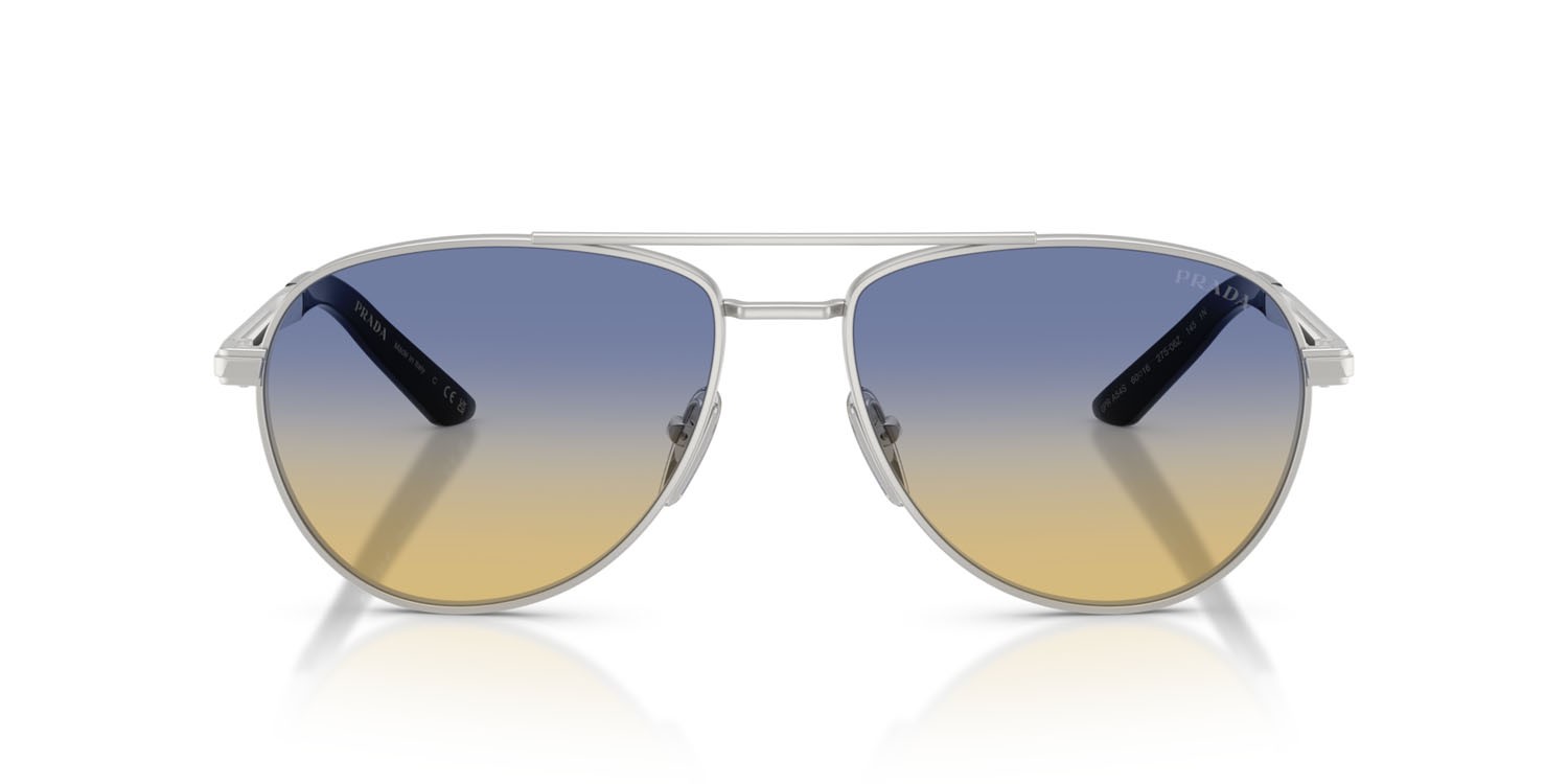 Occhiali da sole Prada PR A54S (27506Z) colore argento opaco forma aviator lenti yellow/dark blue