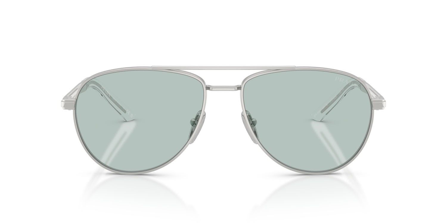 Occhiali da sole Prada PR A54S (27540N) colore argento opaco forma aviator lenti azzurro
