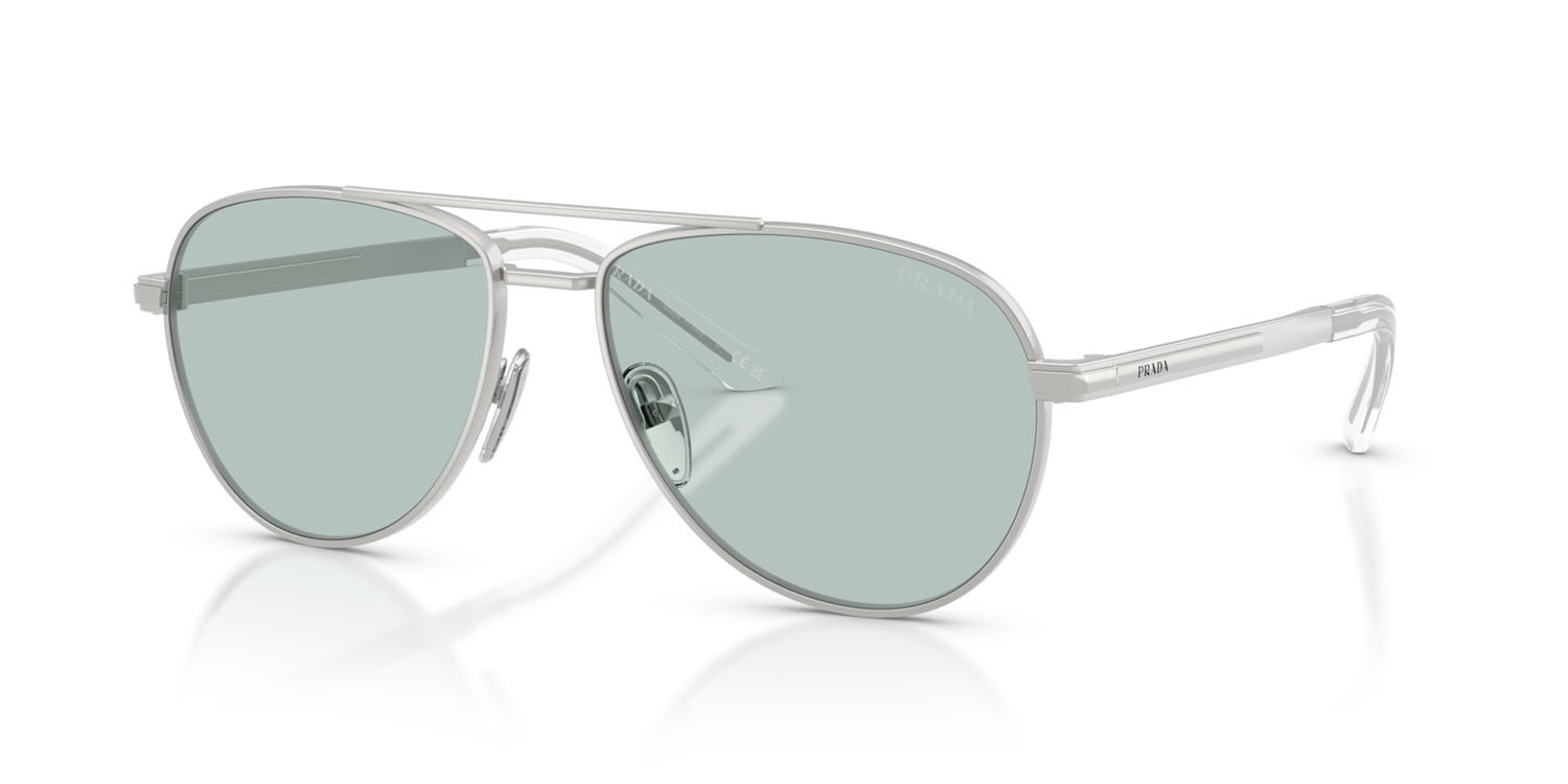 Occhiali da sole Prada PR A54S (27540N) colore argento opaco forma aviator lenti azzurro