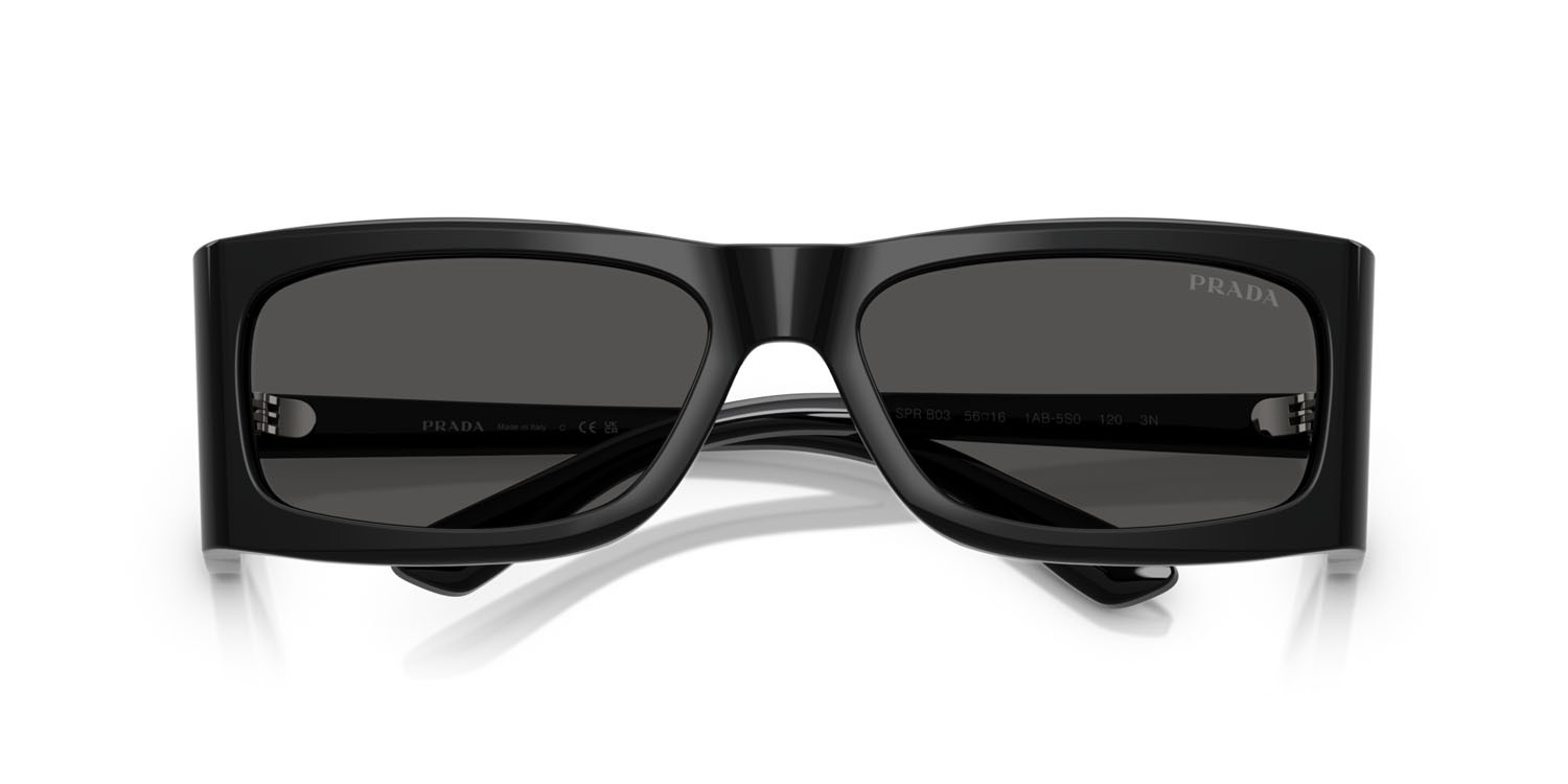 Sunglasses Prada PR B03S (1AB5S0) color nero shape rectangle lenses grigio scuro