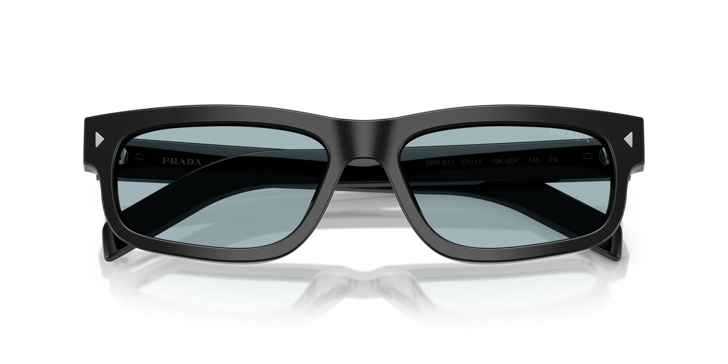 Occhiali da sole Prada PR B11S (16K60P) colore nero forma rettangolare lenti blu vintage