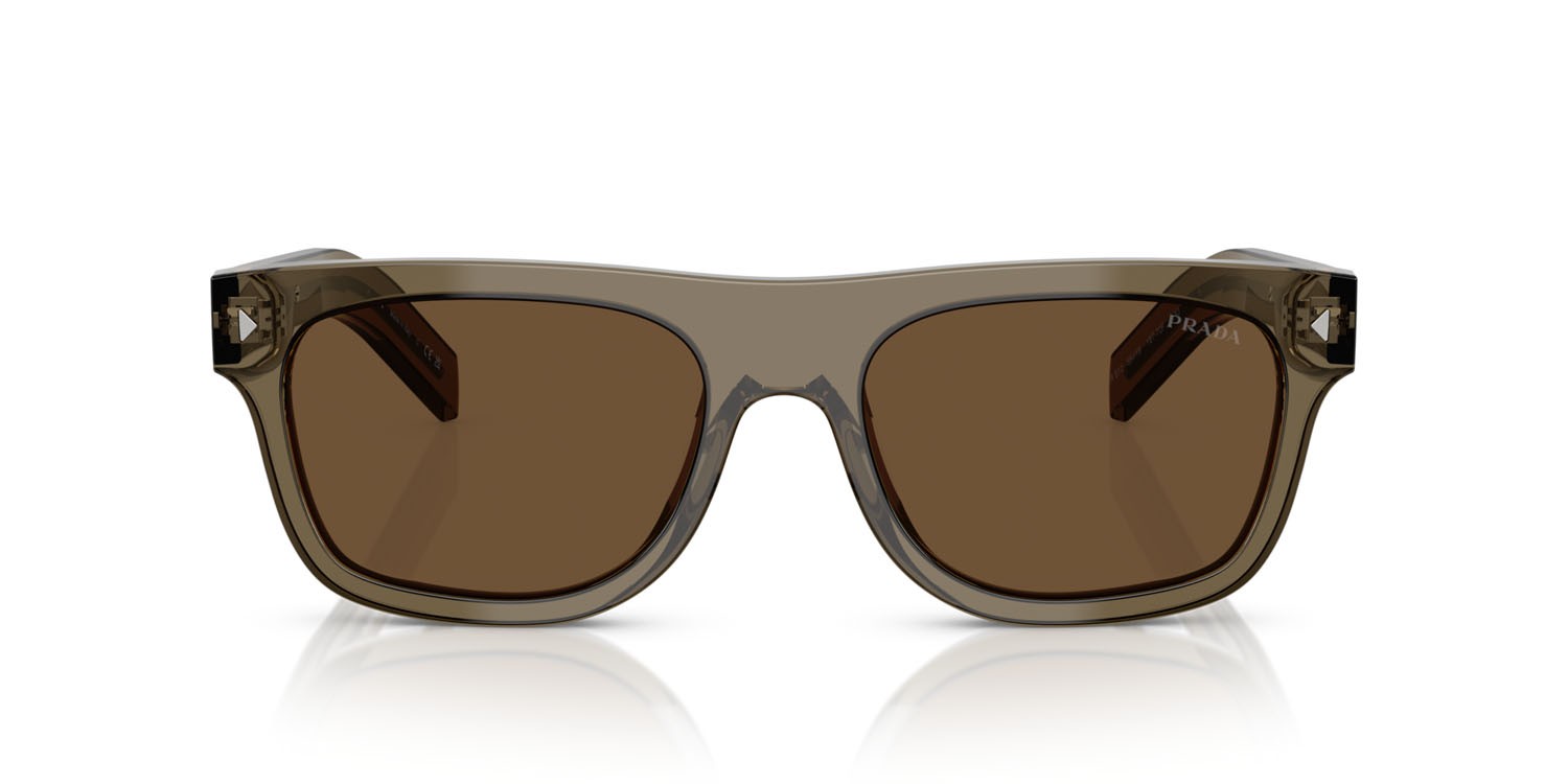 Occhiali da sole Prada PR B12S (18T70F) colore terra trasparente forma quadrato lenti marrone scuro