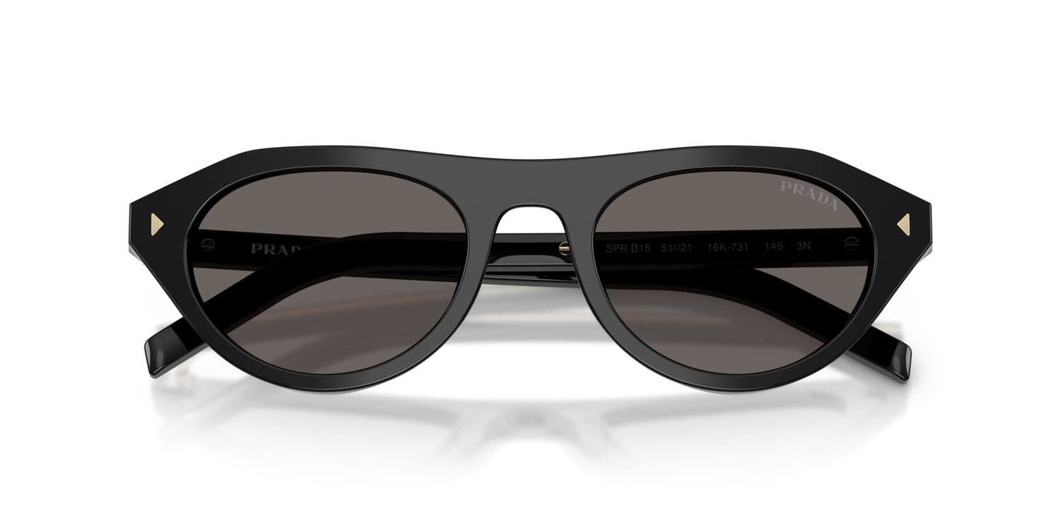 Sunglasses Prada PR B15S (16K731) color nero shape irregular lenses grigio scuro