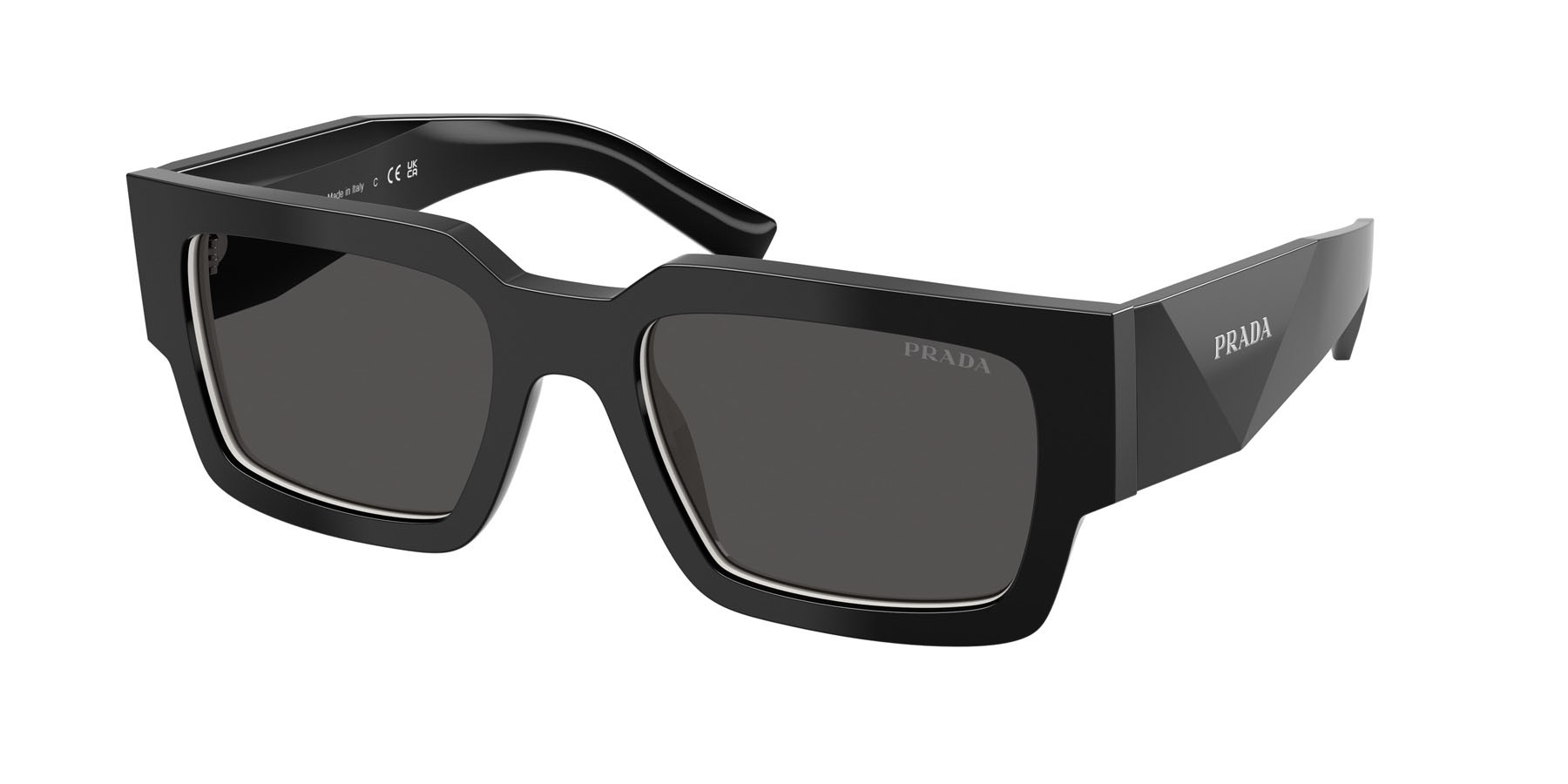 Sunglasses Prada PR B17S (16K08Z) color nero/bianco talco shape rectangle lenses grigio scuro