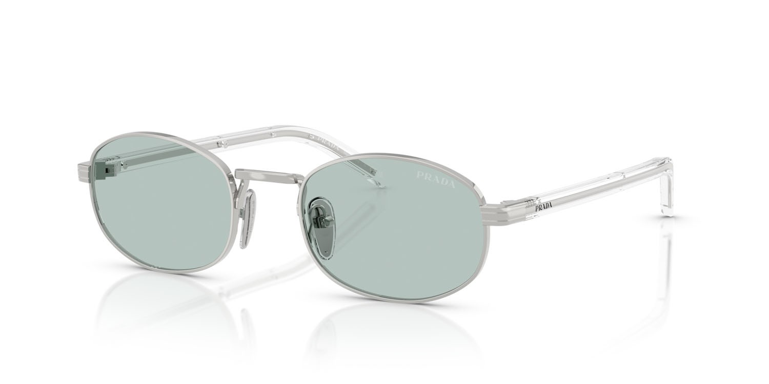 Sunglasses Prada PR B53S (1BC40N) color argento shape oval lenses azzurro