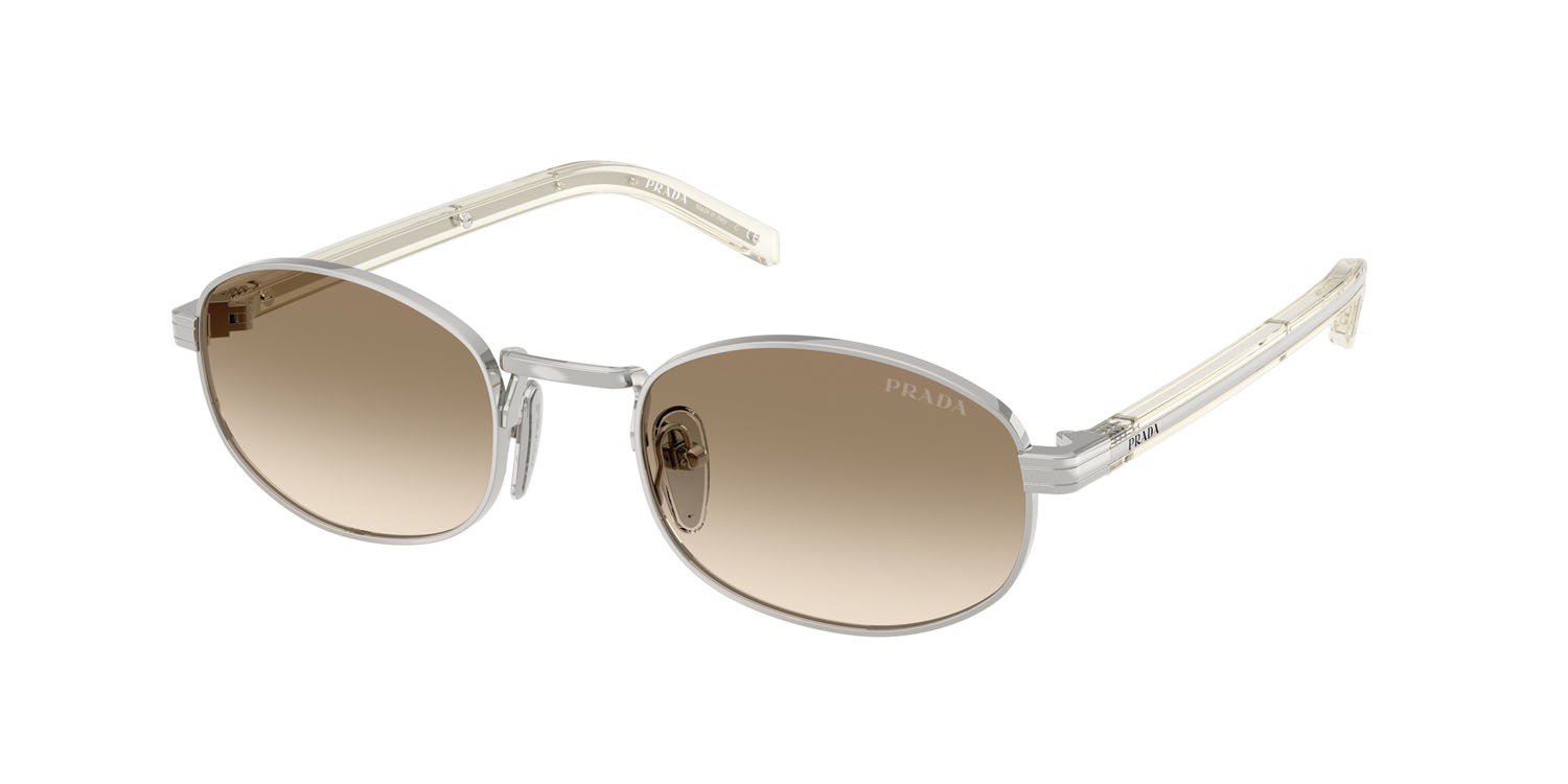 Sunglasses Prada PR B53S (1BC80K) color argento shape oval lenses giallo chiaro sfumato marrone