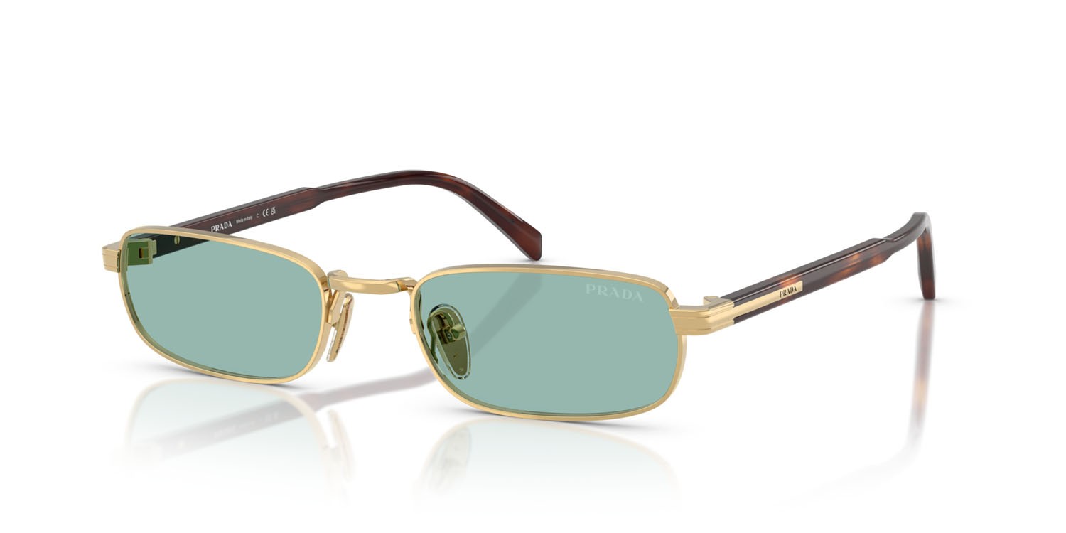 Occhiali da sole Prada PR B54S (5AK40K) colore oro forma rettangolare lenti verde petrolio