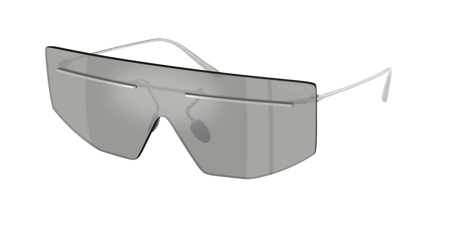 Occhiali da sole Prada PR B55S (1BC60N) colore argento forma irregolare lenti grigio chiaro specchiato argento
