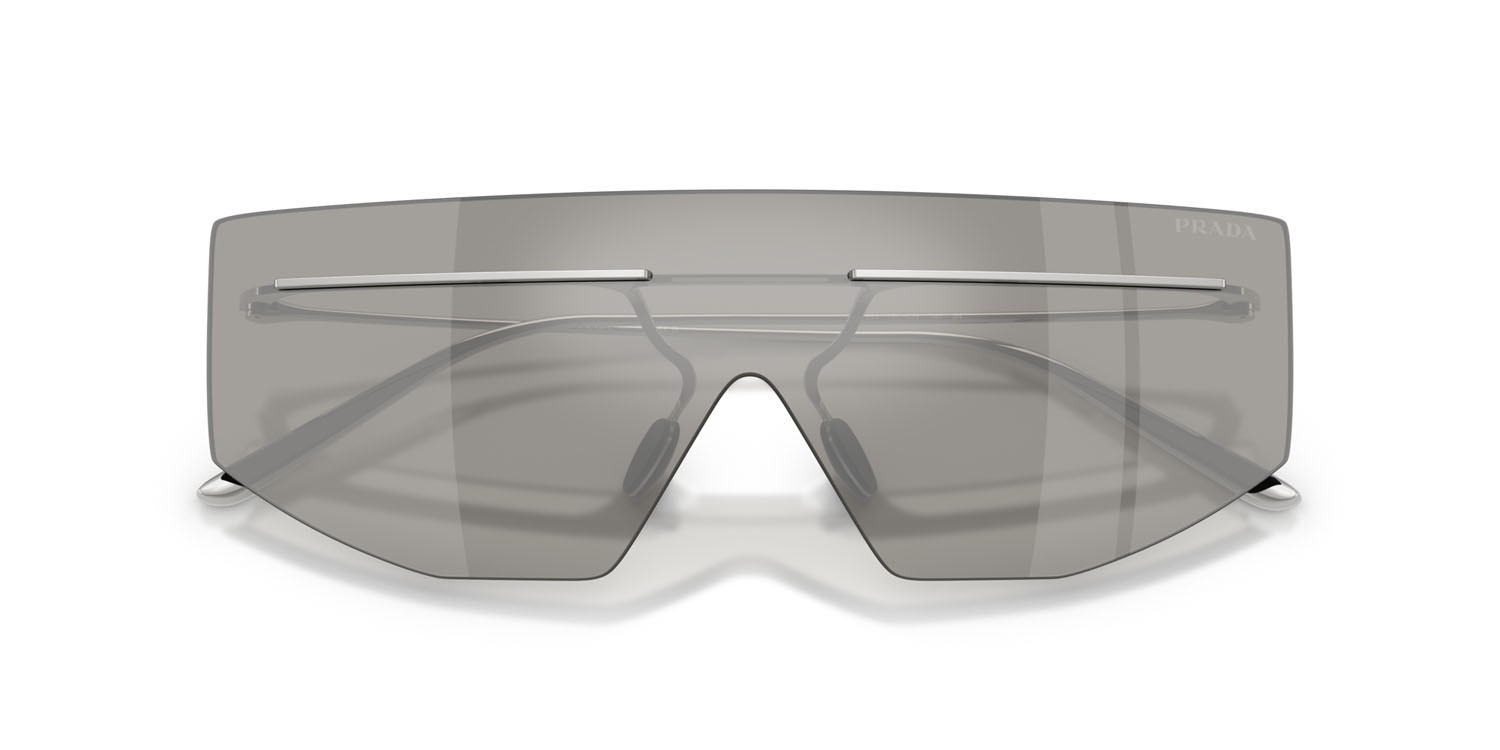 Occhiali da sole Prada PR B55S (1BC60N) colore argento forma irregolare lenti grigio chiaro specchiato argento