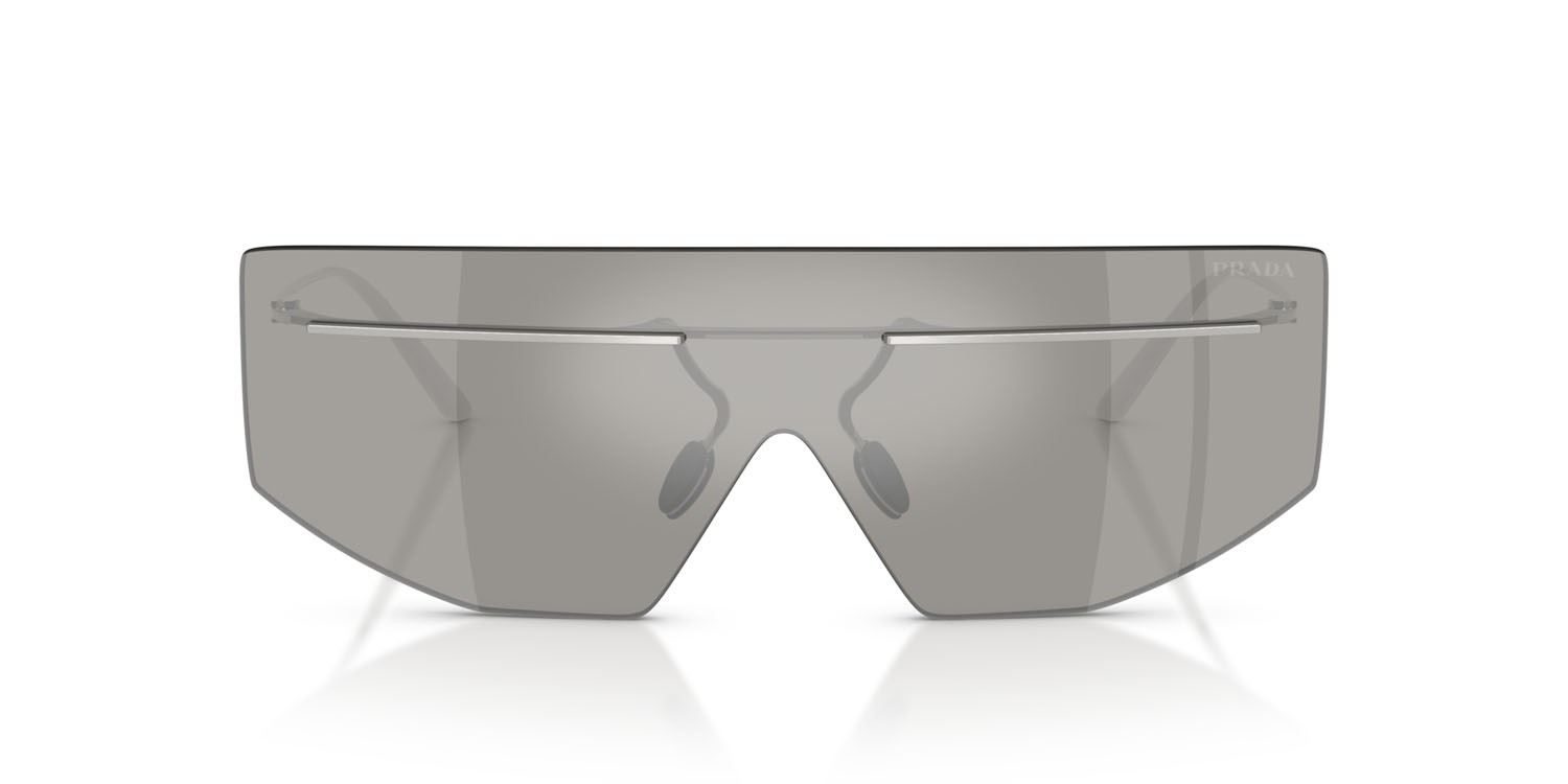 Occhiali da sole Prada PR B55S (1BC60N) colore argento forma irregolare lenti grigio chiaro specchiato argento