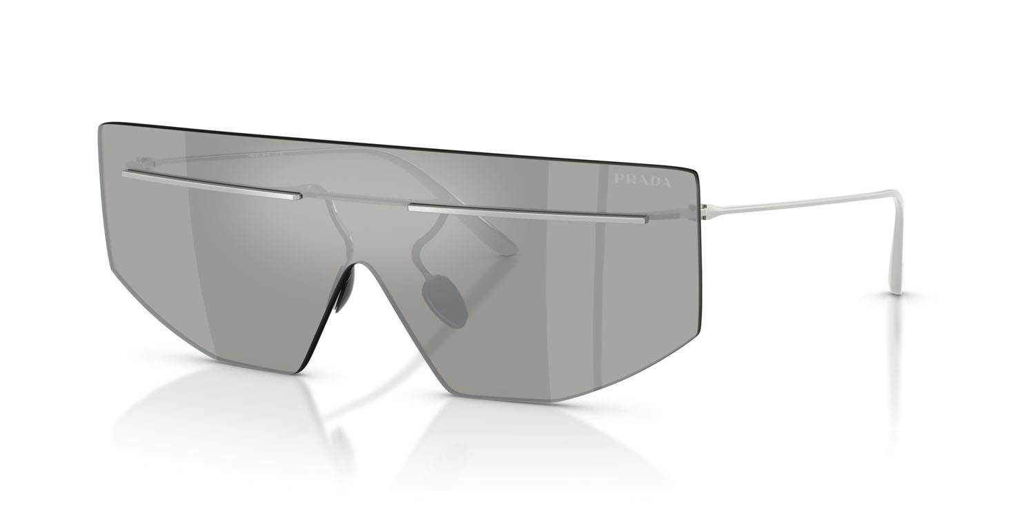 Occhiali da sole Prada PR B55S (1BC60N) colore argento forma irregolare lenti grigio chiaro specchiato argento