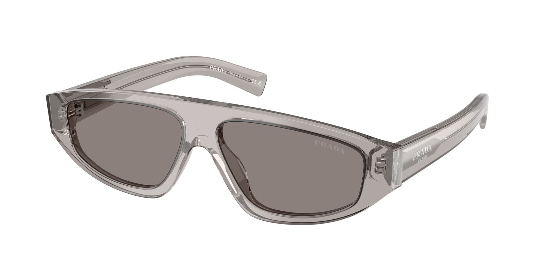 Occhiali da sole Prada PR C02S (10J80Q) colore grigio trasparente forma irregolare lenti grigio scuro