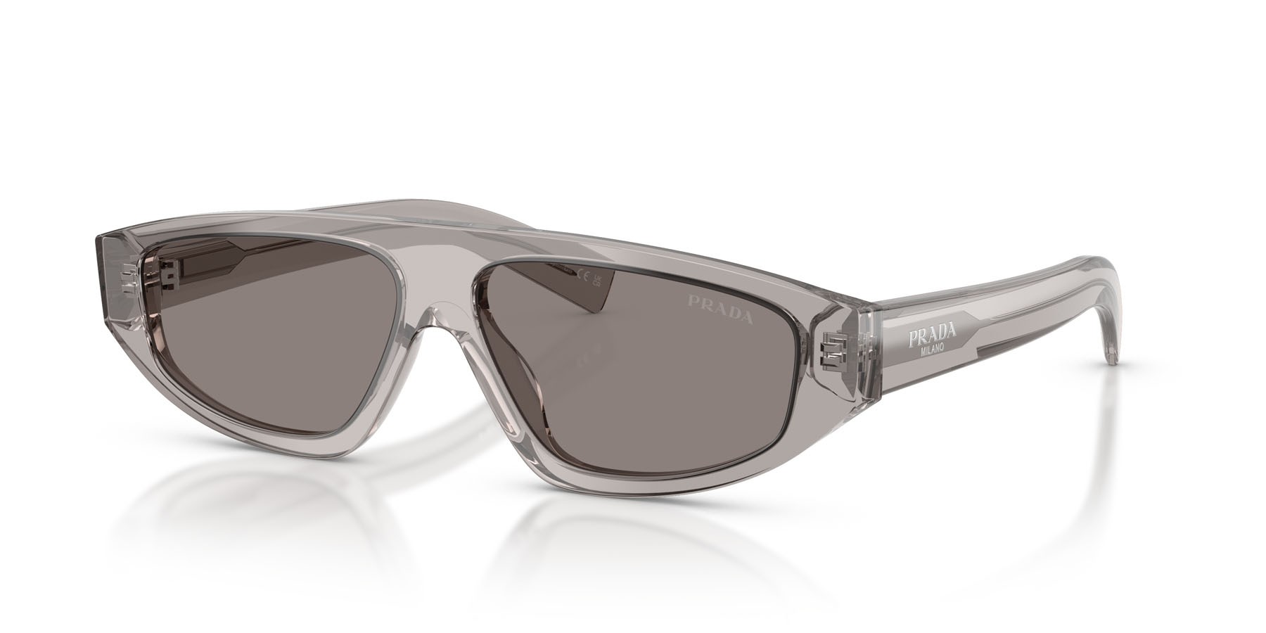 Occhiali da sole Prada PR C02S (10J80Q) colore grigio trasparente forma irregolare lenti grigio scuro