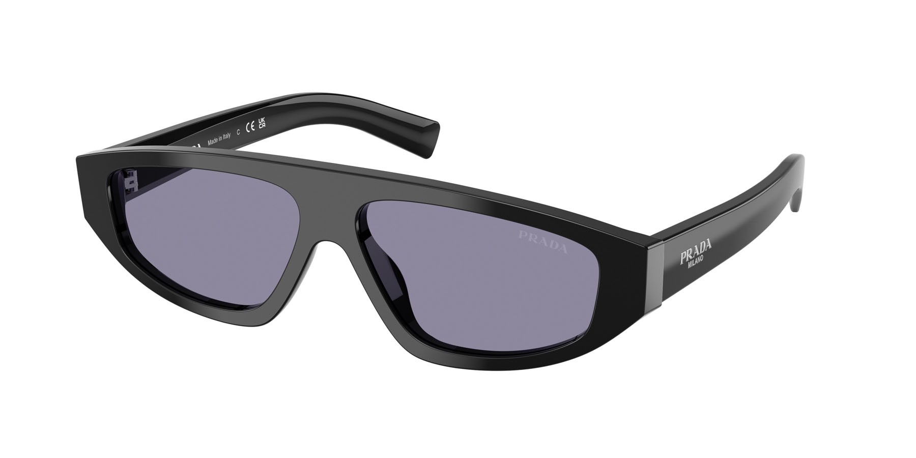 Occhiali da sole Prada PR C02S (16K50B) colore nero forma irregolare lenti violetto con specchiatura argento interna