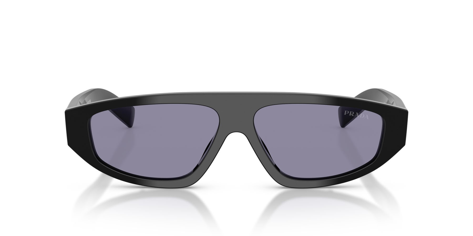 Occhiali da sole Prada PR C02S (16K50B) colore nero forma irregolare lenti violetto con specchiatura argento interna