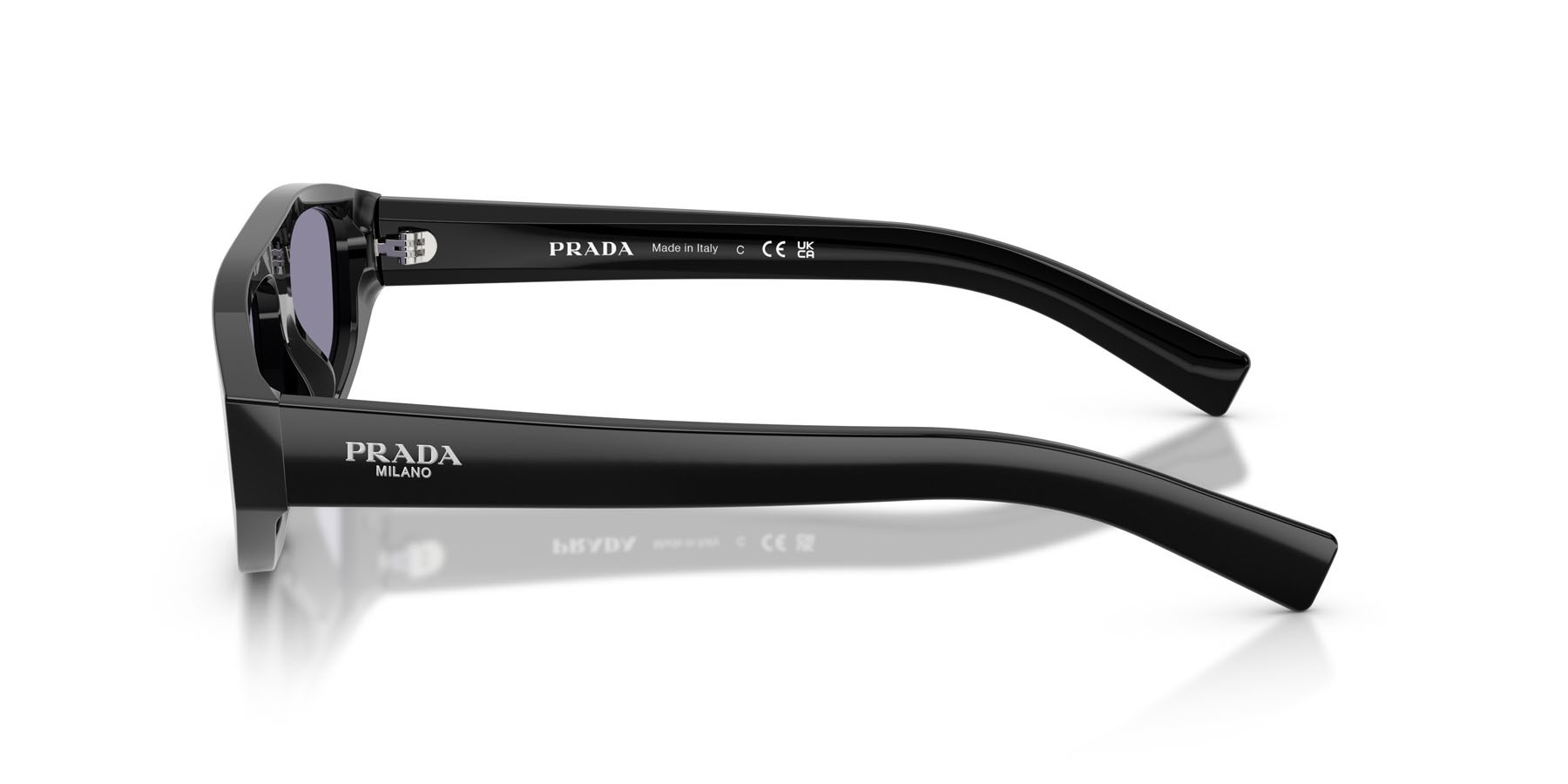 Occhiali da sole Prada PR C02S (16K50B) colore nero forma irregolare lenti violetto con specchiatura argento interna