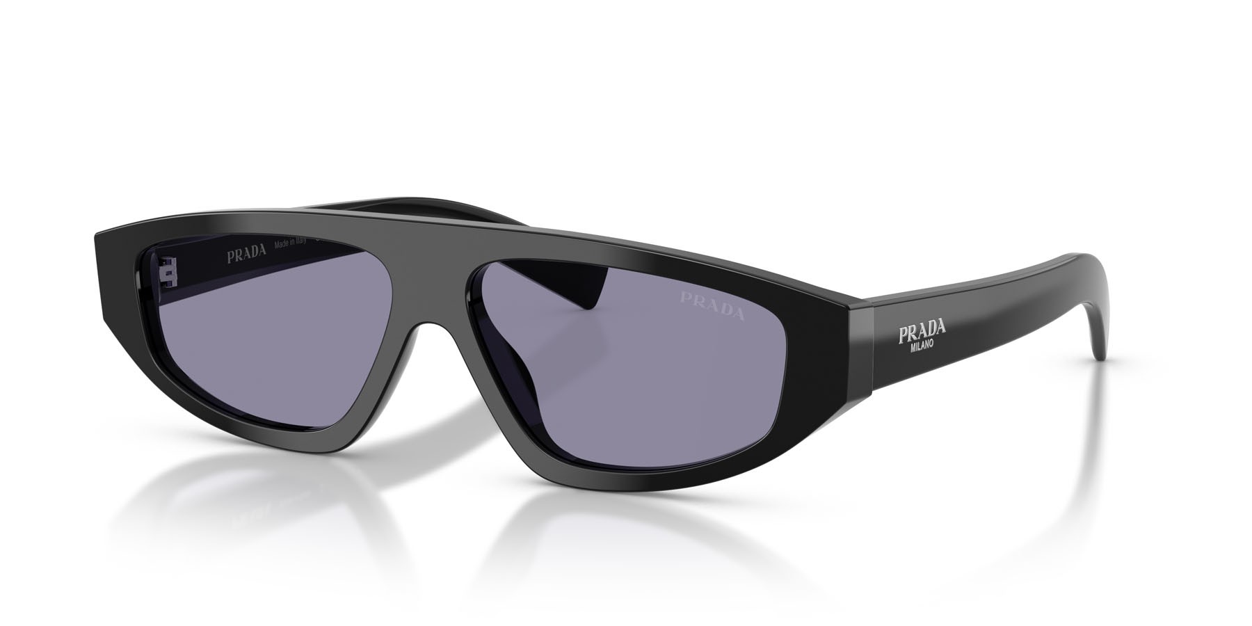 Occhiali da sole Prada PR C02S (16K50B) colore nero forma irregolare lenti violetto con specchiatura argento interna