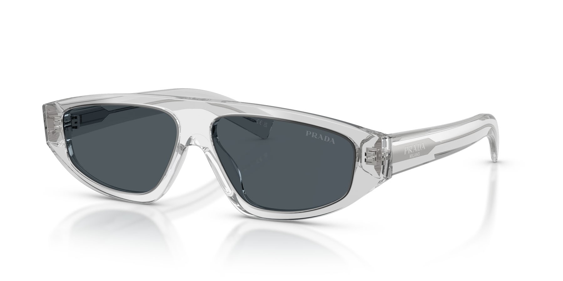 Occhiali da sole Prada PR C02S (17P70B) colore grigio crystal forma irregolare lenti grigio scuro