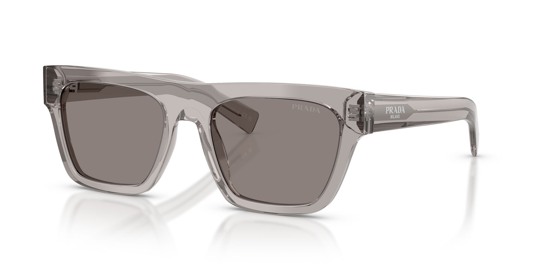 Occhiali da sole Prada PR C03S (10J80Q) colore grigio trasparente forma rettangolare lenti grigio scuro