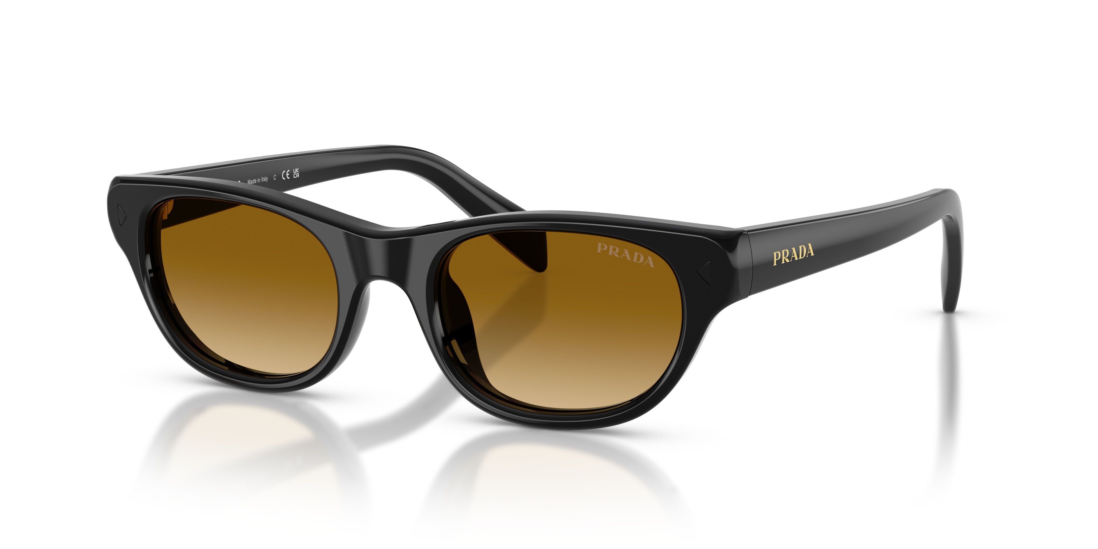 Sunglasses Prada PR C08S (16K10X) color nero shape cat eye lenses giallo sfumato marrone chiaro