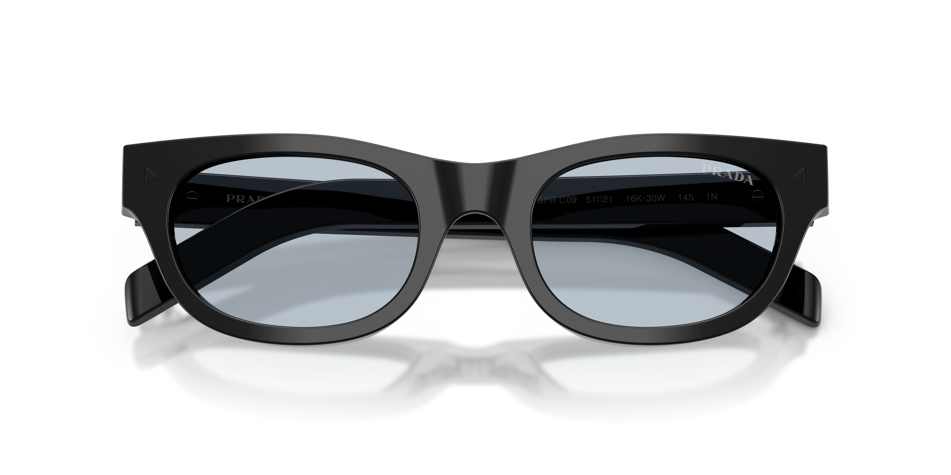Occhiali da sole Prada PR C09S (16K30W) colore nero forma cat eye lenti blu/grigio